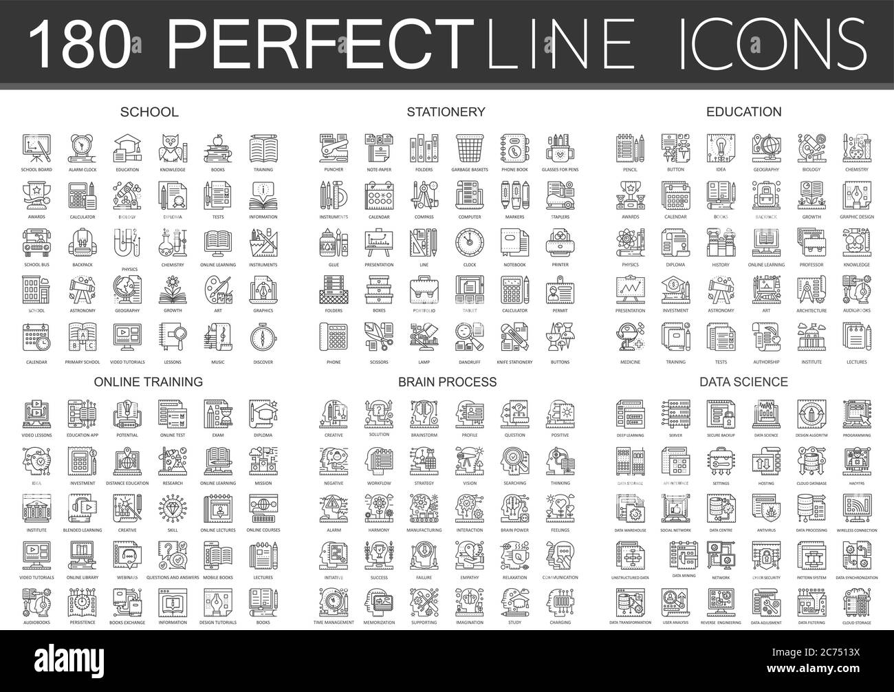 180 outline mini concept icons symbols of school, stationery, education, online training, brain mind process, data science icon isolated. Stock Vector