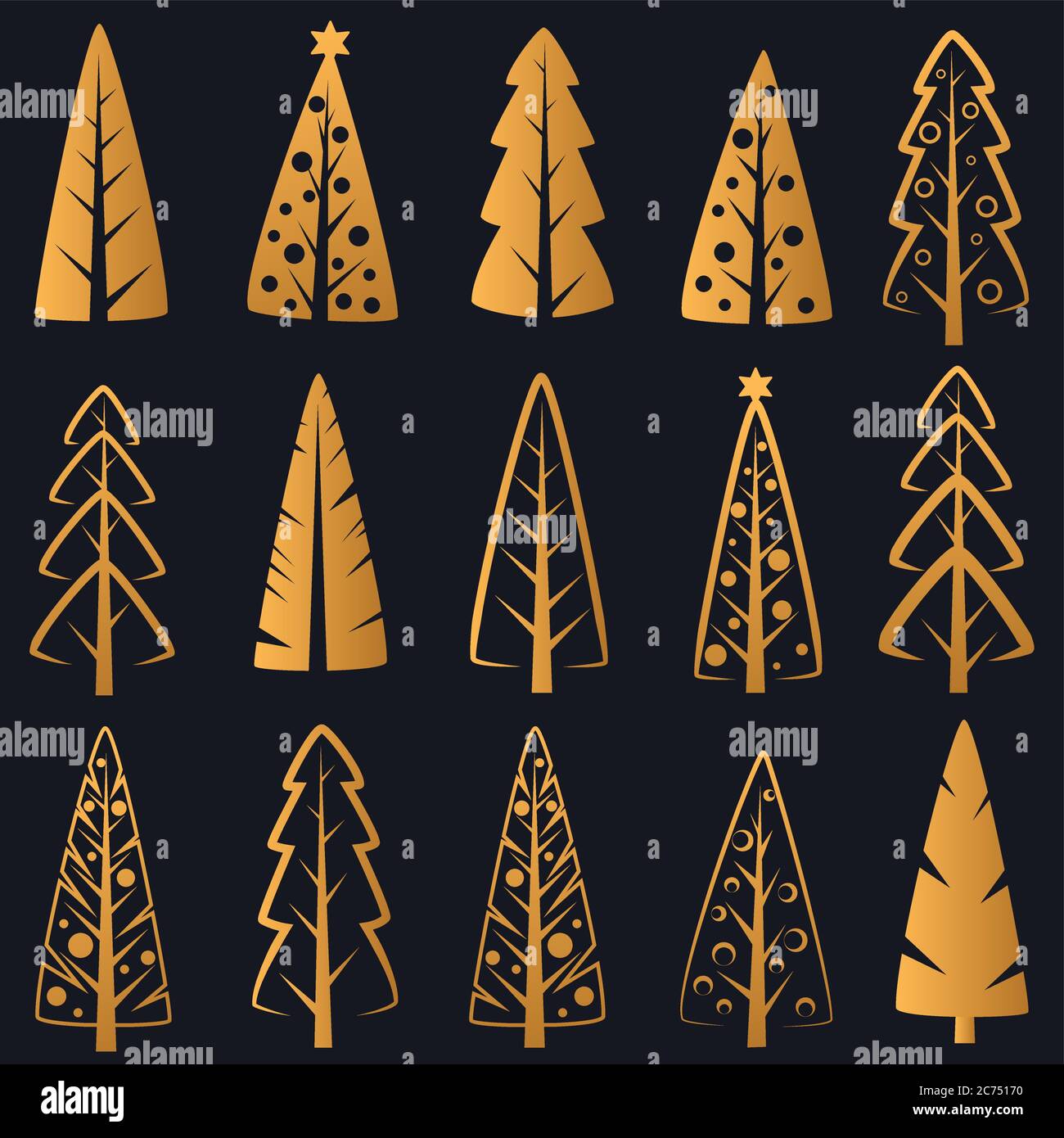 Vector Luxury rich decorative golden Christmas trees on dark blue background isolated. Stock Vector