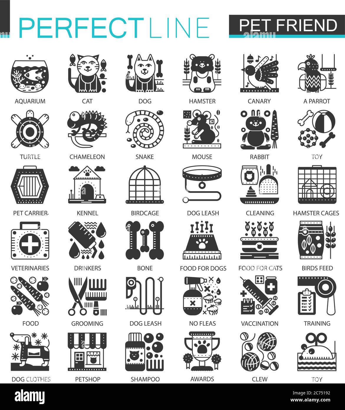 Pets friends classic black mini concept symbols. Vector pet modern icon pictogram illustrations set Stock Vector