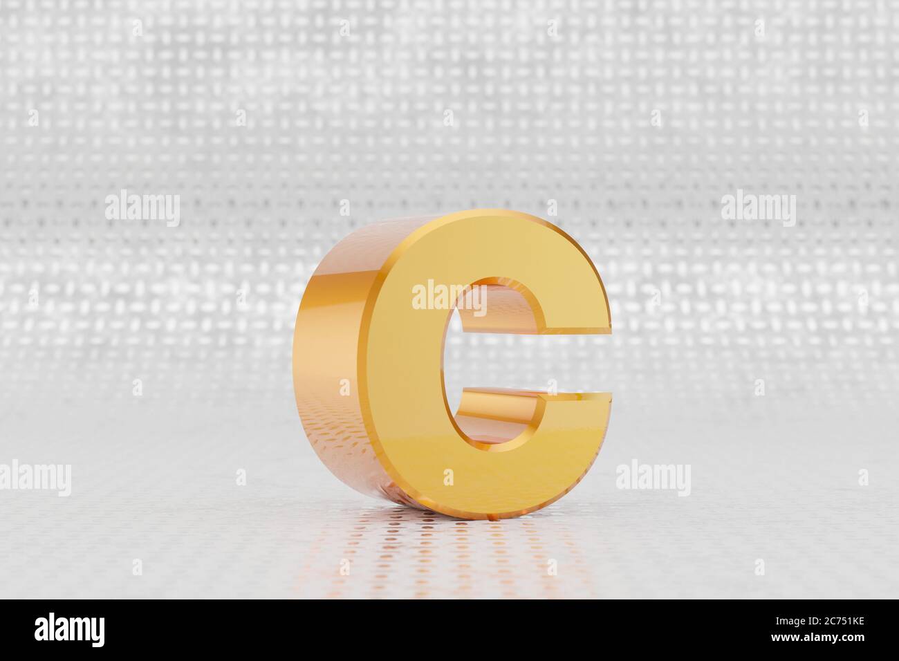 Yellow 3d letter C lowercase. Glossy yellow metallic letter on metal floor background. Shiny gold metal alphabet with studio light reflections. 3d rendered font character. Stock Photo