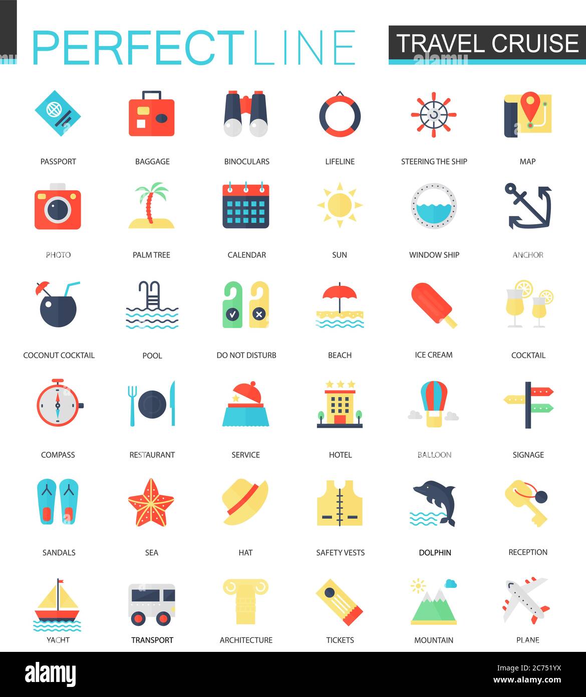 Vector set of flat Travel cruise icons isolated. Stock Vector