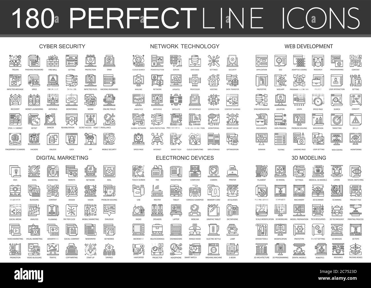 180 outline mini concept infographic symbol icons of cyber security, network technology, web development, digital marketing, electronic devices, 3d modeling isolated. Stock Vector