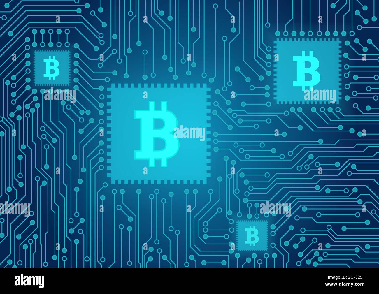 Bitcoin concept vector illustration. Cryptocurrency electronic payments. Bitcoin sign on the computer processor. Blockchain technology Stock Vector