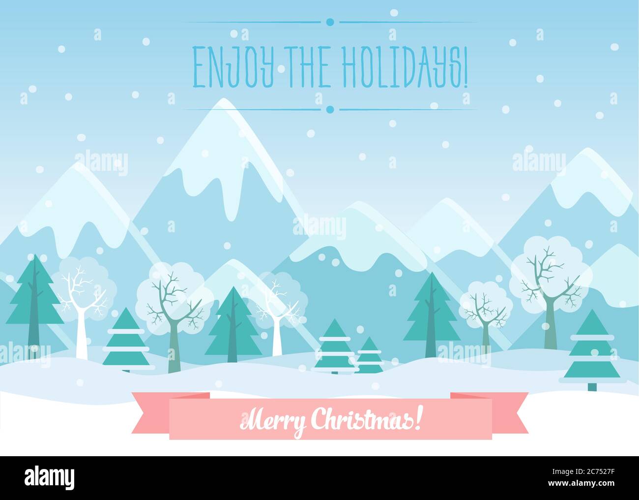 Vector Illustration of Winter Mountains landscape with pine forest ...