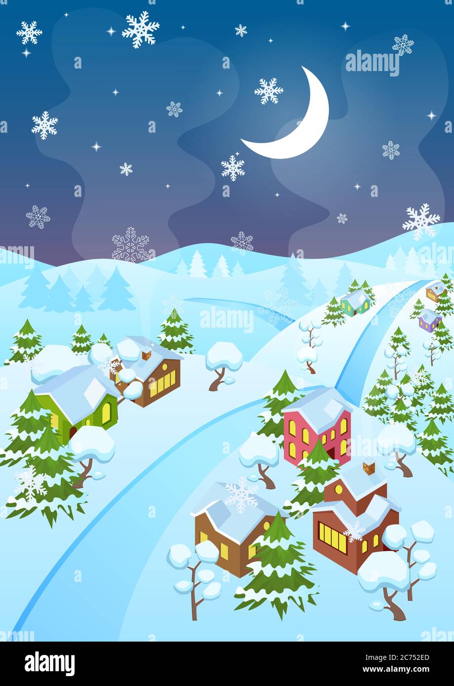 Vector illustration of cartoon winter village and road at night. Top perspective view. Christmas eve town at night Stock Vector