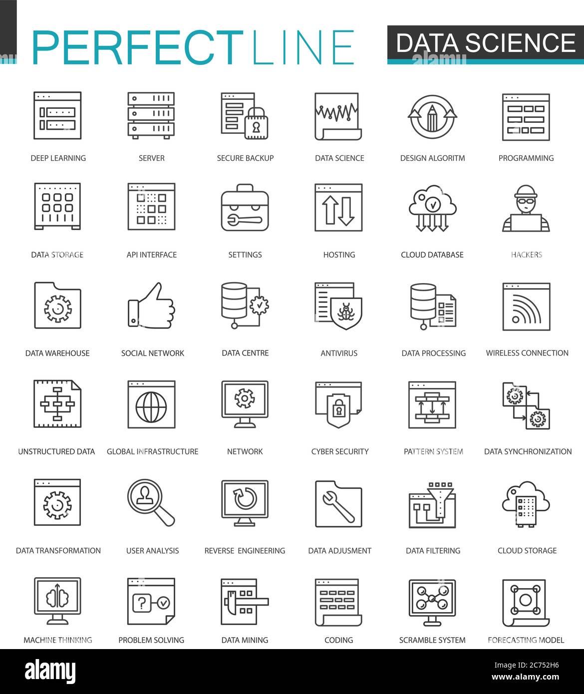 Data Science thin line web icons set. Data analysis outline stroke icons design Stock Vector
