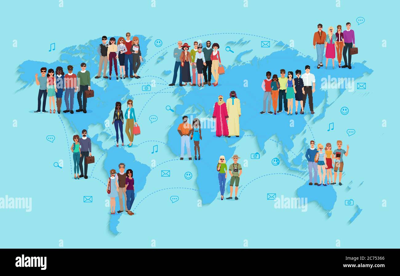 Vector illustration of social and demographic world map on blue background. Stock Vector