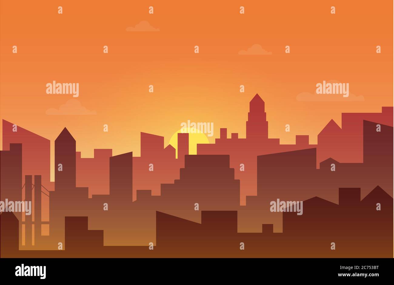 City skyline silhouette at sunset. Skyscappers, towers and office in dirty fog vector illustration Stock Vector