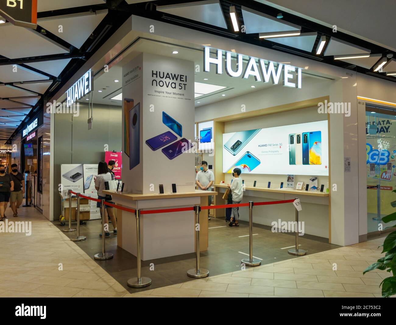 SINGAPORE – JUN 19, 2020 –Huawei smartphone shop with the Huawei logo clearly visible in Paya Lebar Quarter shopping mall, downtown Singapore Stock Photo