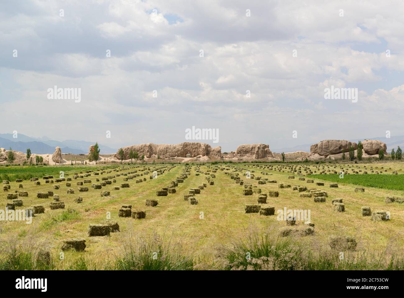 Haybales in front of the ruins of Koshoy-Korgon, Kyrgyzstan Stock Photo