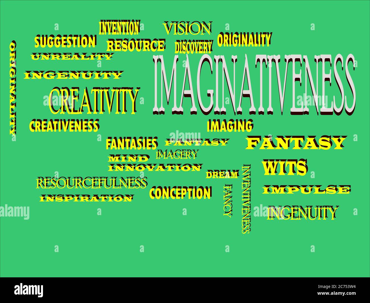 IMAGINATIVENESS word designed with multiple related text mean on colorful vector cloud abstract. Stock Vector