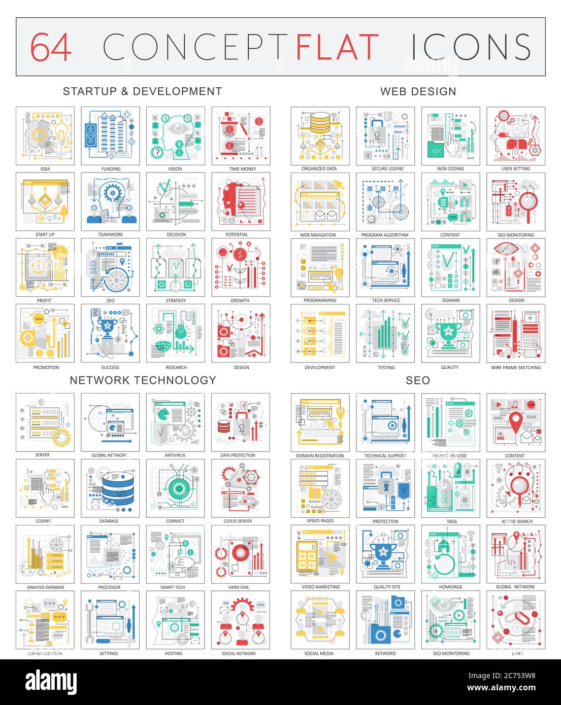 Infographics concept icons of startup development, web design, network ...