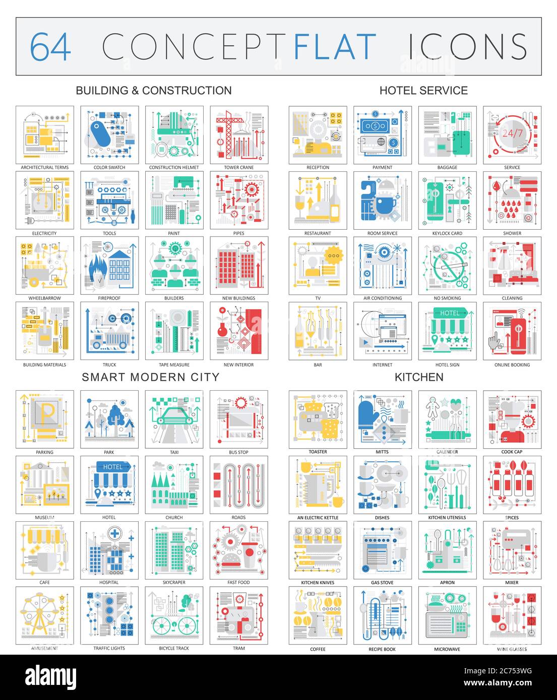 Infographics concept icons of building construction, hotel service, modern city, kitchen icons. Vector Premium quality mono color flat design isolated. Stock Vector