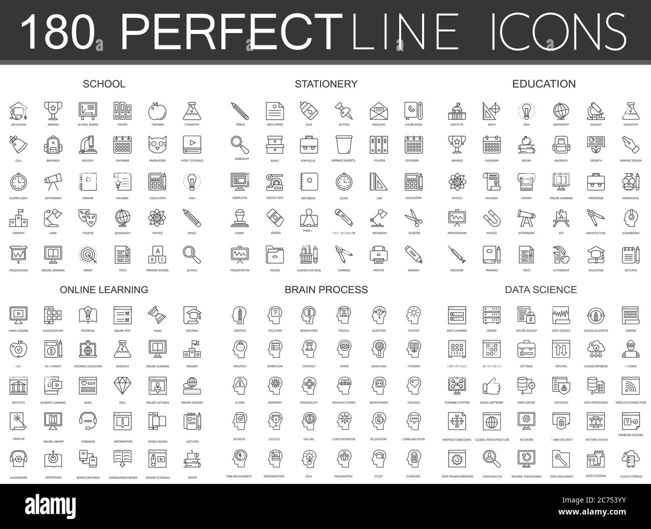 180 modern thin line icons set of school, stationery, education, online ...