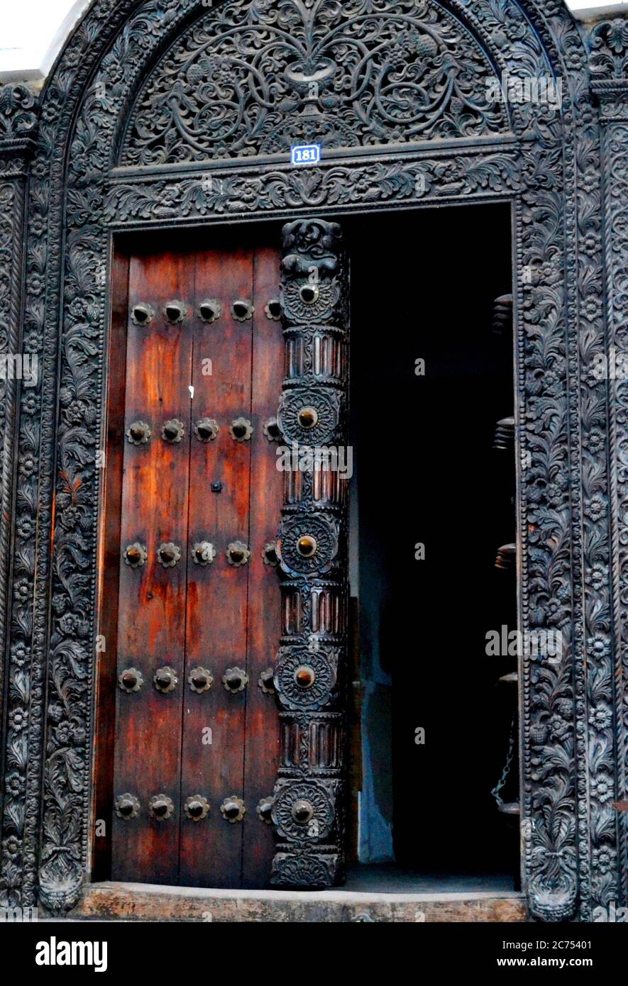 Carved wooden doors of stone town Stock Photo - Alamy