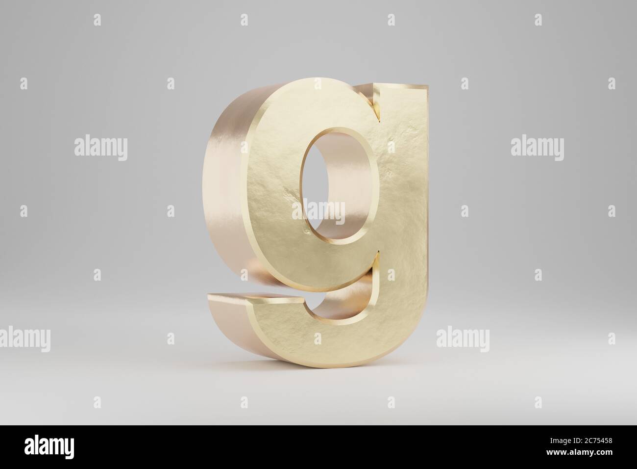 Gold 3d letter G lowercase. Golden letter isolated on white background. Golden alphabet with imperfections. 3d rendered font character. Stock Photo