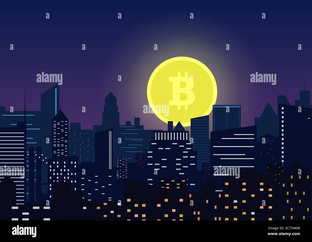 Moon bitcoin symbol rising from modern night city Stock Vector