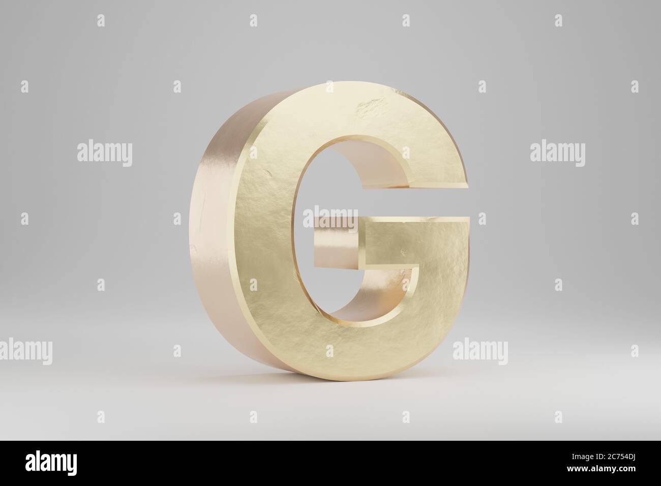 Gold 3d letter G uppercase. Golden letter isolated on white background. Golden alphabet with imperfections. 3d rendered font character. Stock Photo