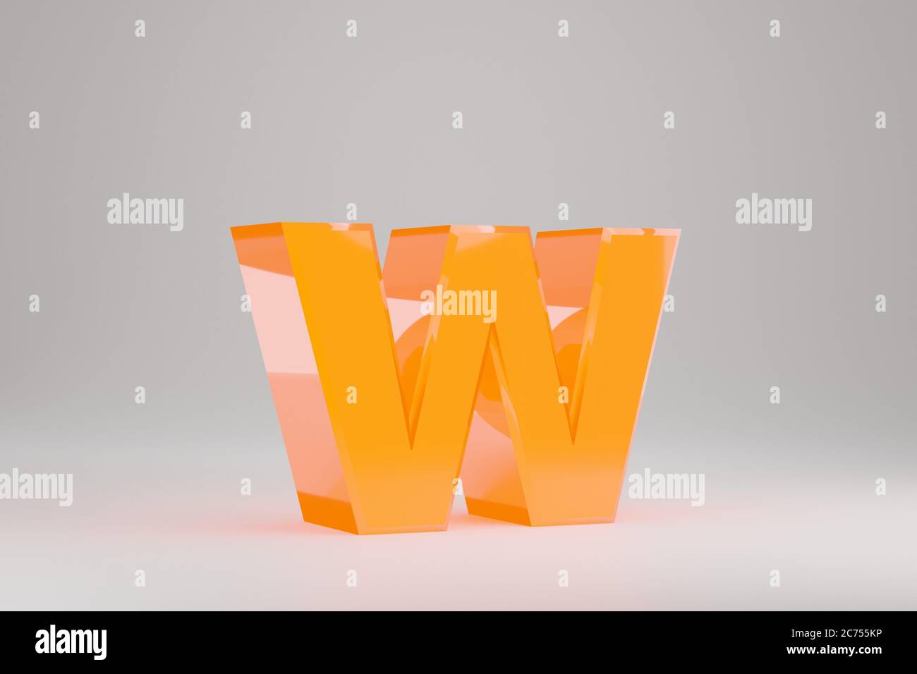 Neon 3d letter W lowercase. Yellow neon letter isolated on white background. Glossy yellow neon glowing alphabet. 3d rendered font character. Stock Photo