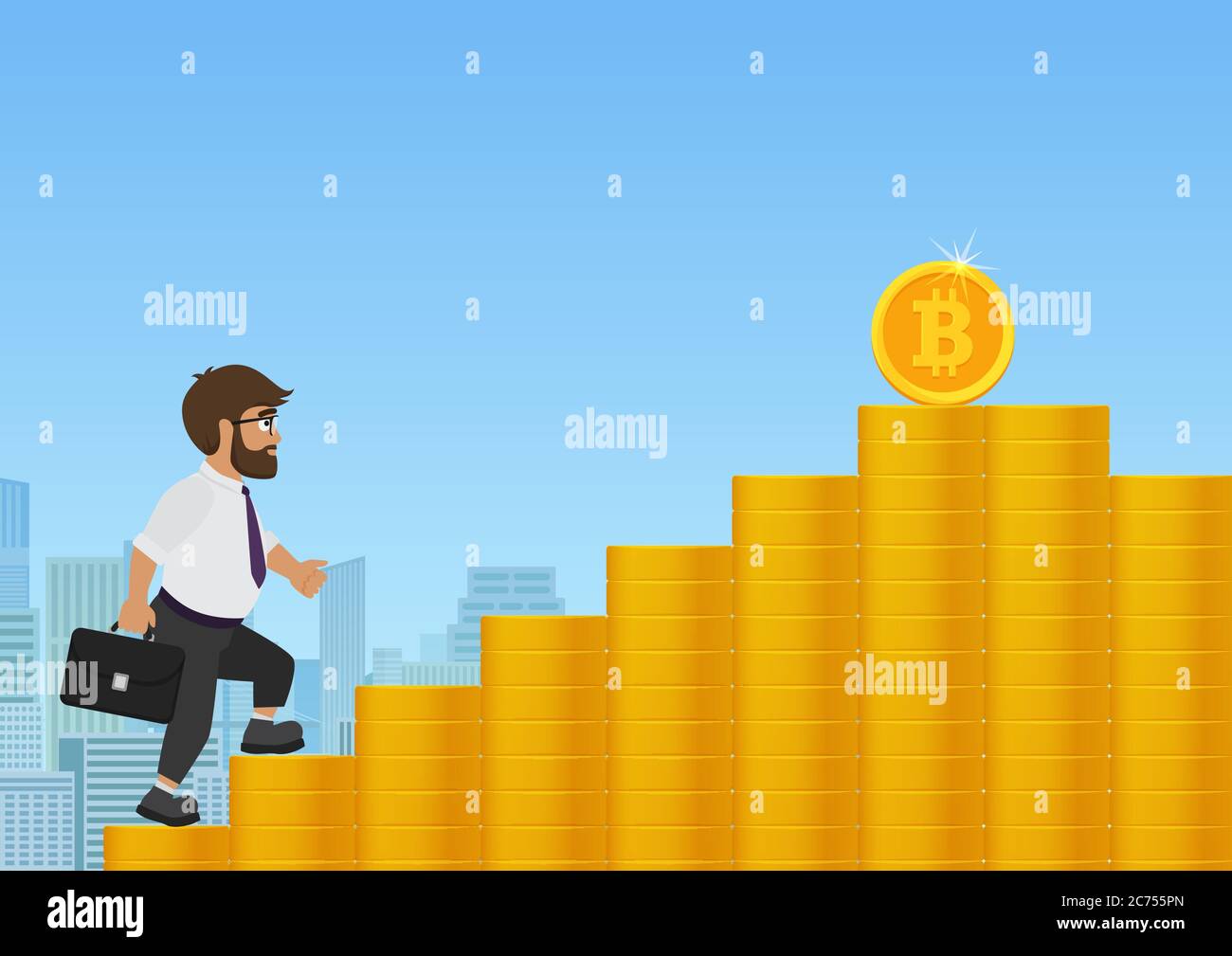 Businessman walking up on golden coin stairs to bitcoin cryptocurrency.  Cartoon concept vector illustration Stock Vector Image & Art - Alamy