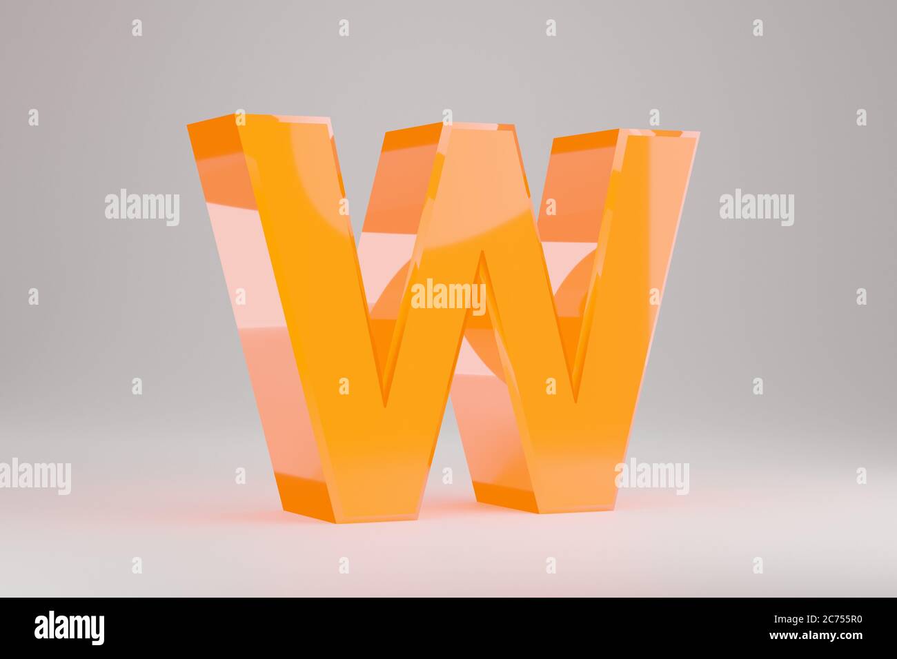 Neon 3d letter W uppercase. Yellow neon letter isolated on white background. Glossy yellow neon glowing alphabet. 3d rendered font character. Stock Photo