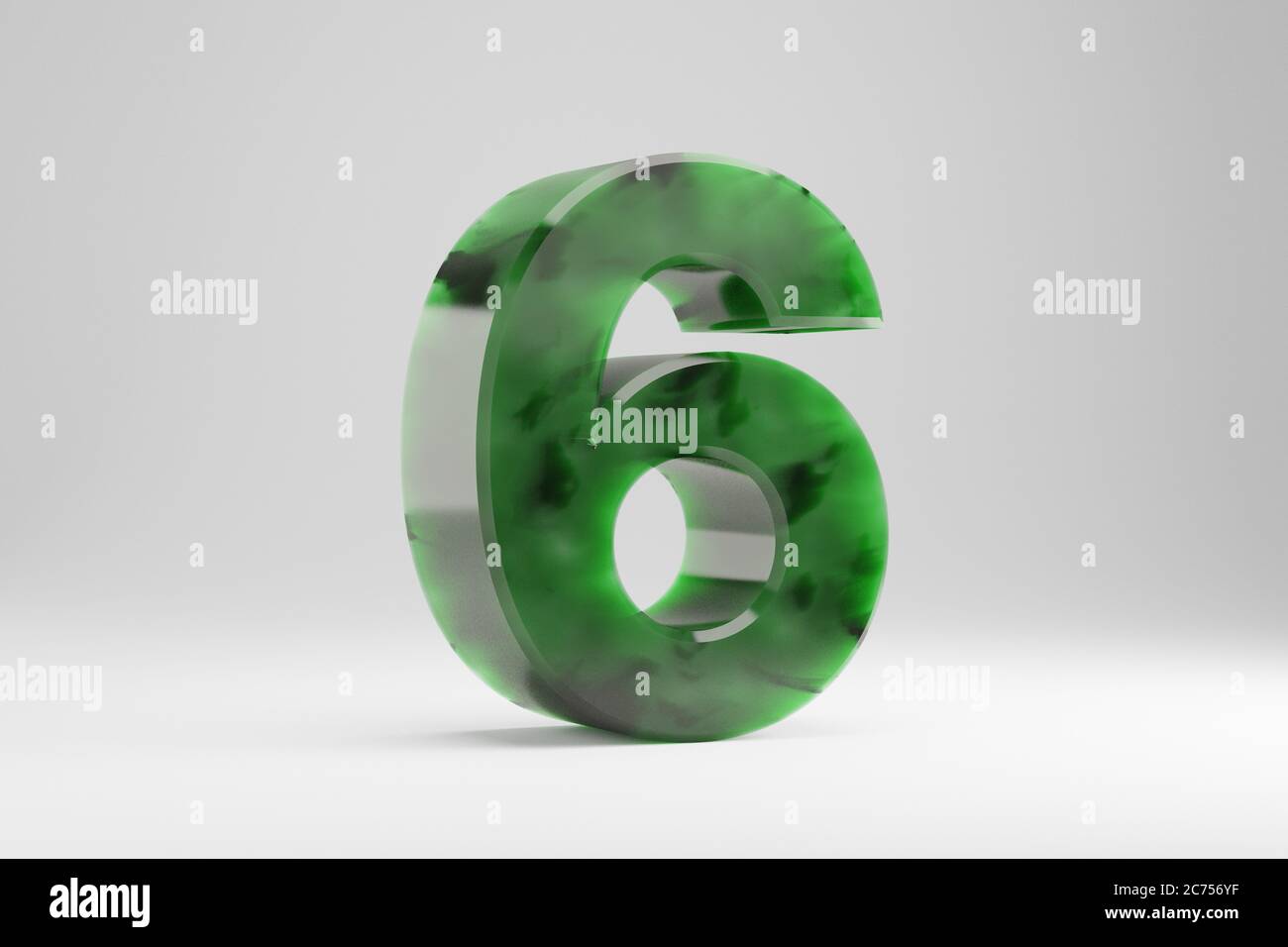 Jade 3d number 6. Jade number isolated on white background. Green jade semitransparent stone
