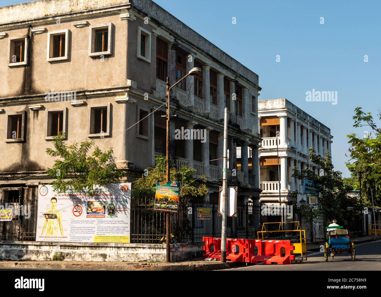 Pondicherry. India - February 2020: Old French architecture on the streets of the White Town. Stock Photo