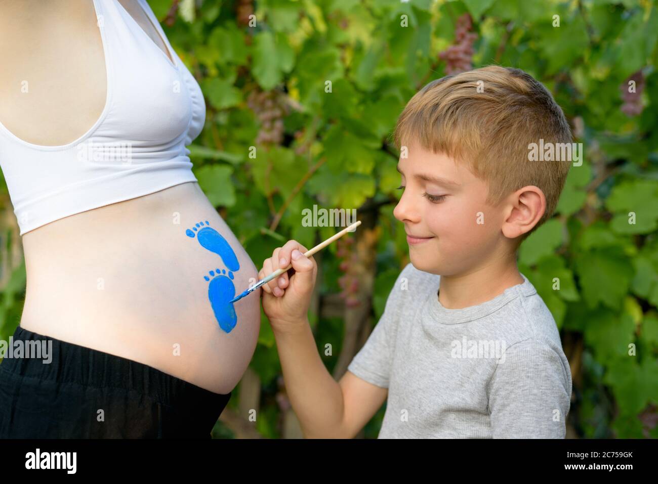 Little boy draws with a brush on the belly of his pregnant mom baby's