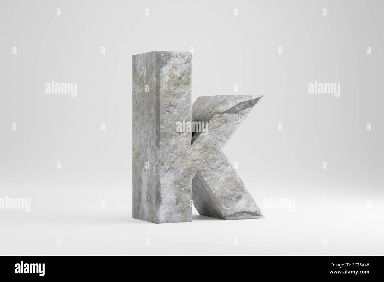 Stone 3d letter K lowercase. Rock textured letter isolated on white background. 3d rendered stone font character. Stock Photo