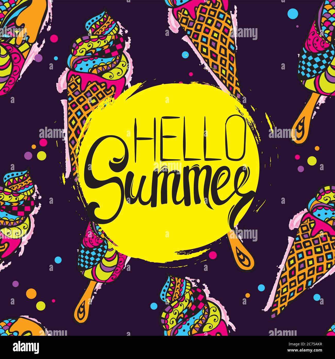 A set of stylish summer cards. Watermelon, ice cream, sun, bananas