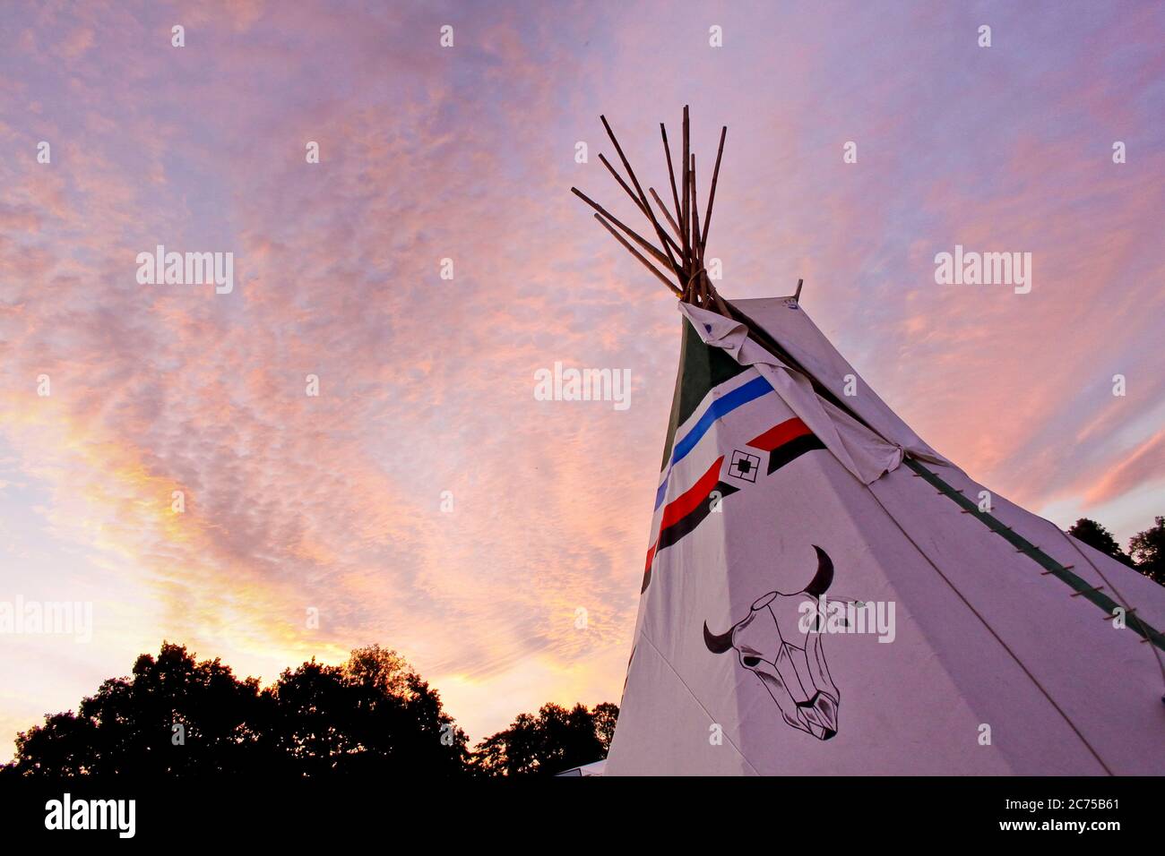 Tipi with handpainted traditional Native American cattle head art decoration in glamping field with at a festival campsite, Norfolk Stock Photo