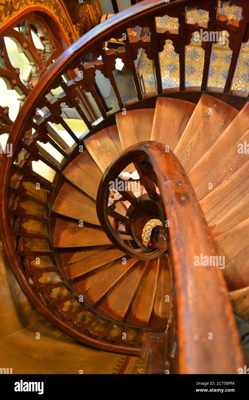 Wooden stairs in carul cu Bere, Bucharest, Romania Stock Photo