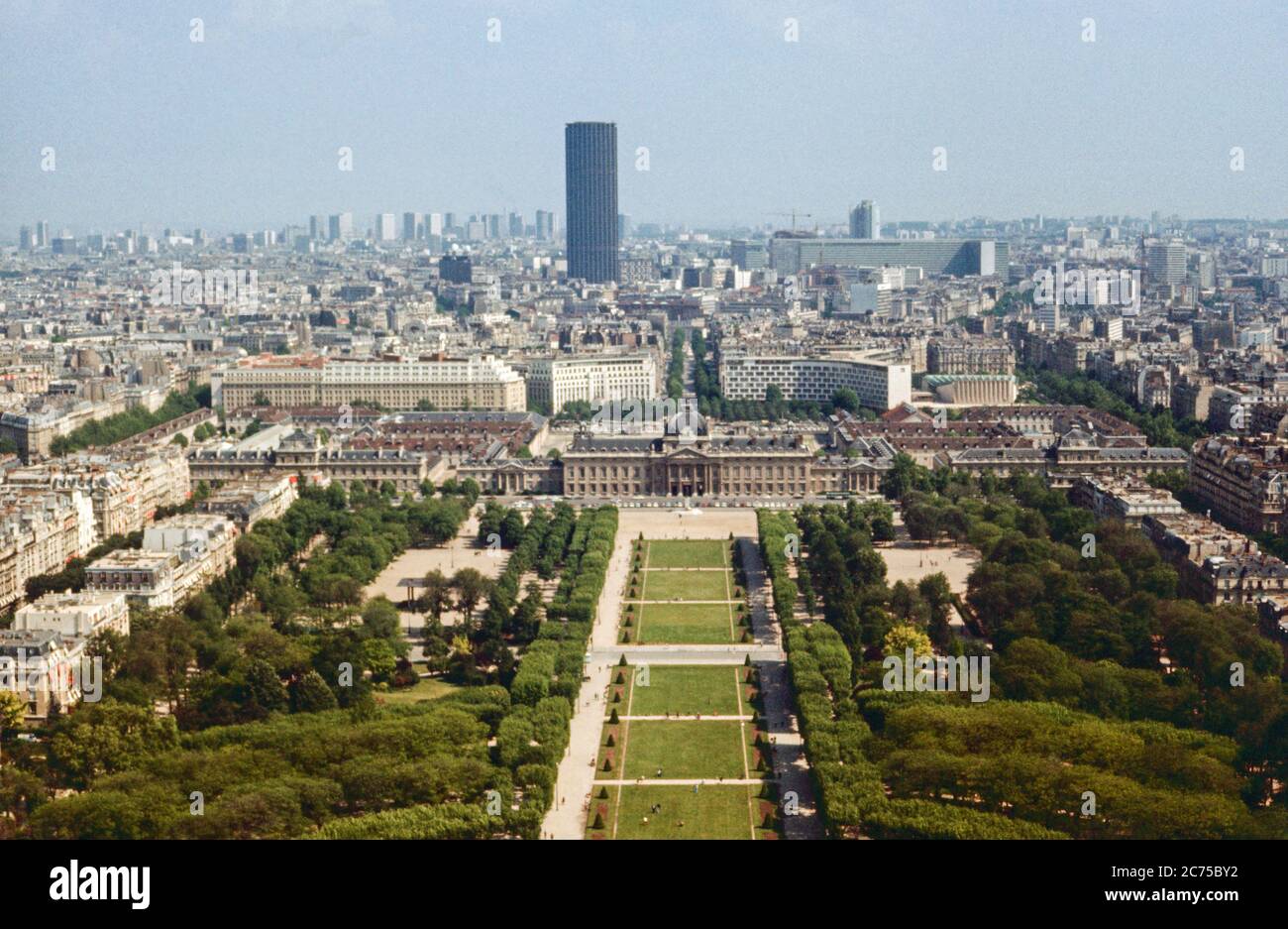 View from the Eiffel Tower Paris over the Avenue Anatole France towards the Montparnasse Tower. Archival shot scanned from transparency; 1972 Stock Photo