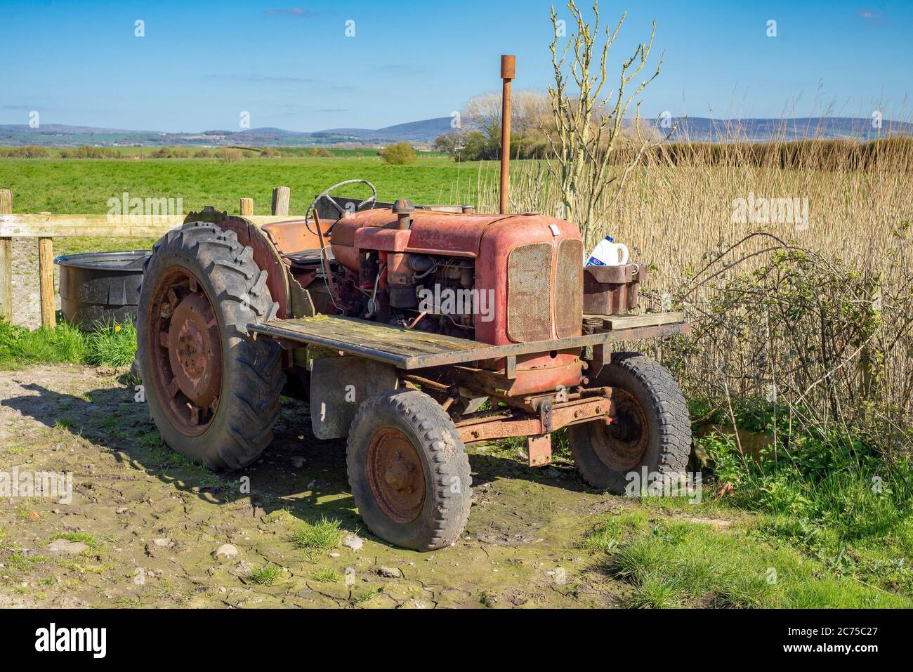 Old Nuffield tractor used for cockling, Glasson Dock, Lancaster, Lancashire. Stock Photo