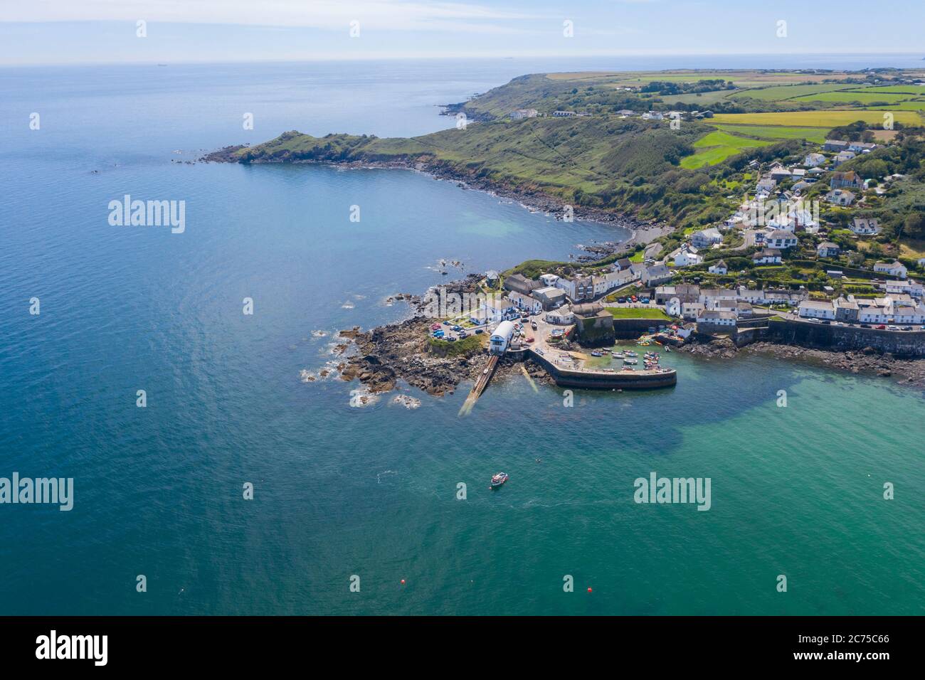 Aerial photograph of Coverack, Lizard, Cornwall, England, United ...