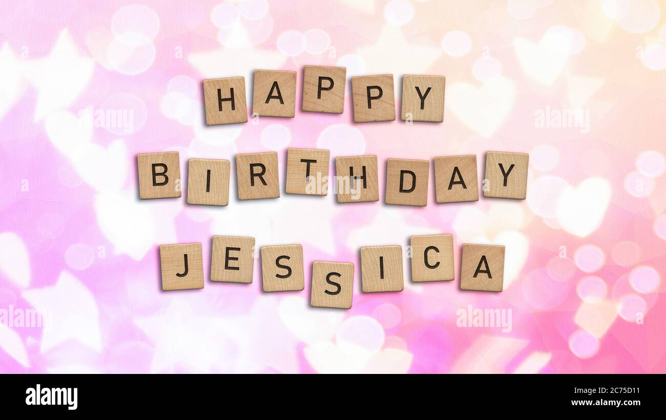 Happy Birthday Jessica card with wooden tiles text. Girls birthday card
