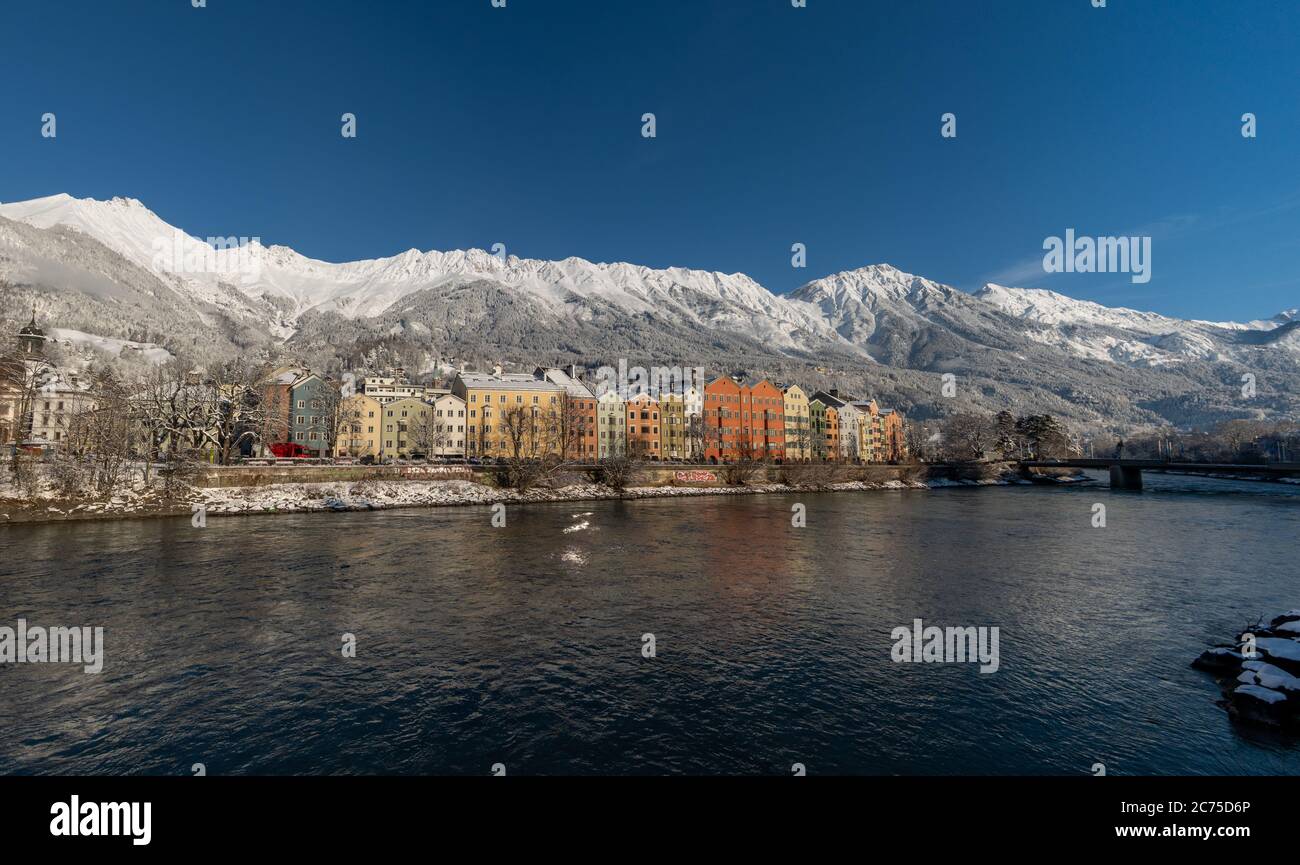 Innsbruck and the Inn River in winter Stock Photo