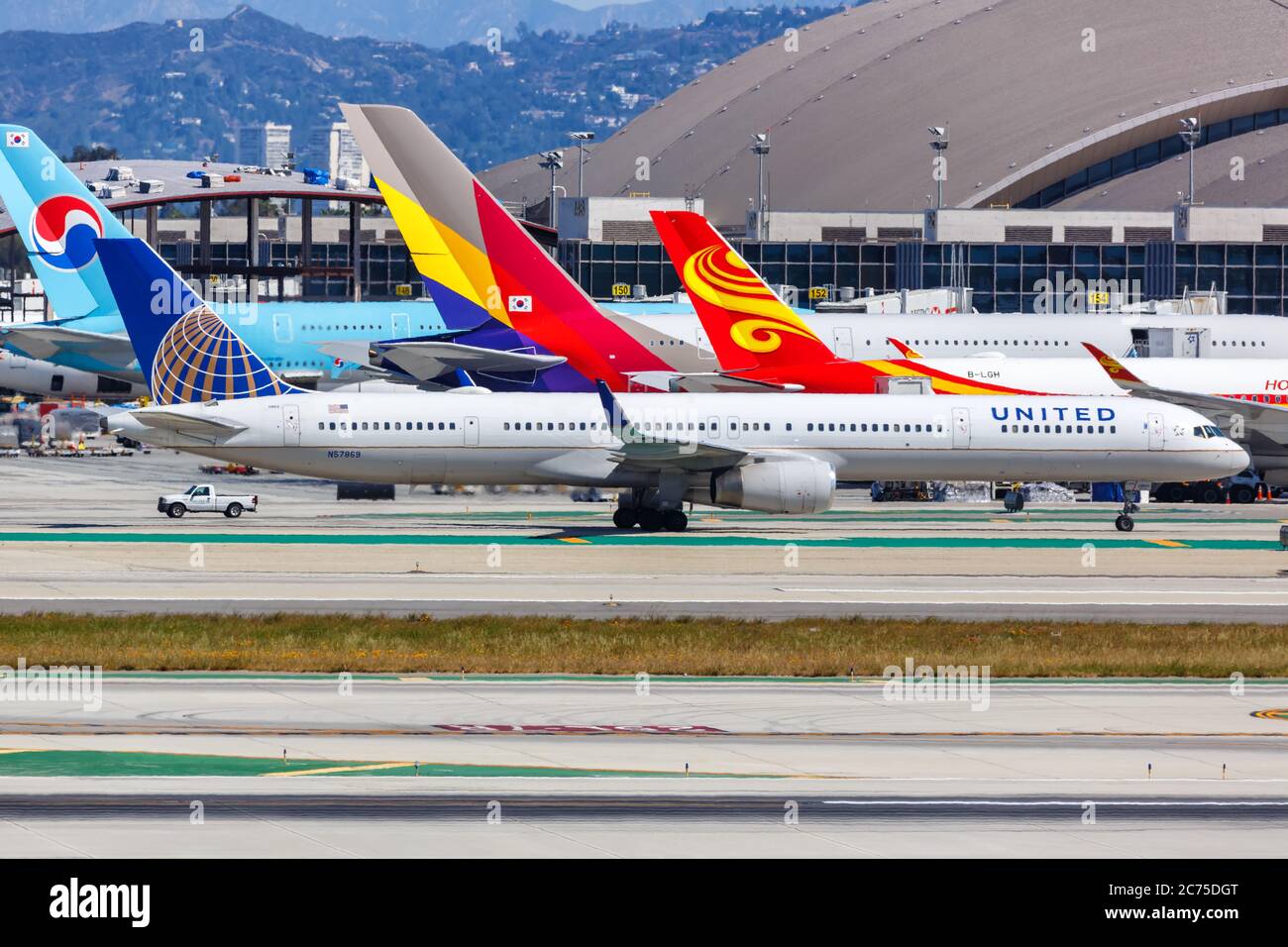 Los Angeles, California - April 12, 2019: United Airlines Boeing 757-300 airplane at Los Angeles International airport (LAX) in California. Boeing is Stock Photo