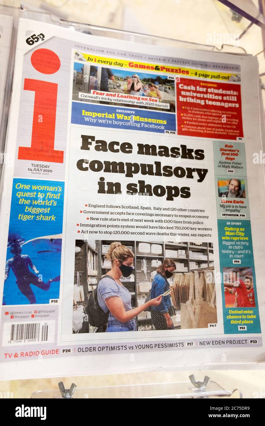 "Face masks compulsory in shops" front page i newspaper headline with