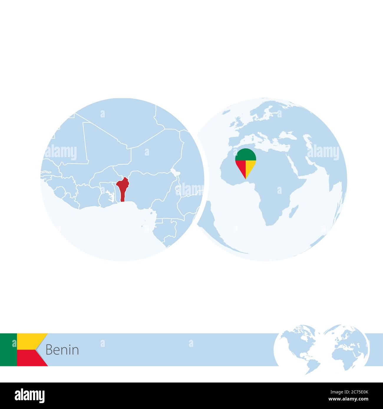 Benin on world globe with flag and regional map of Benin. Vector ...