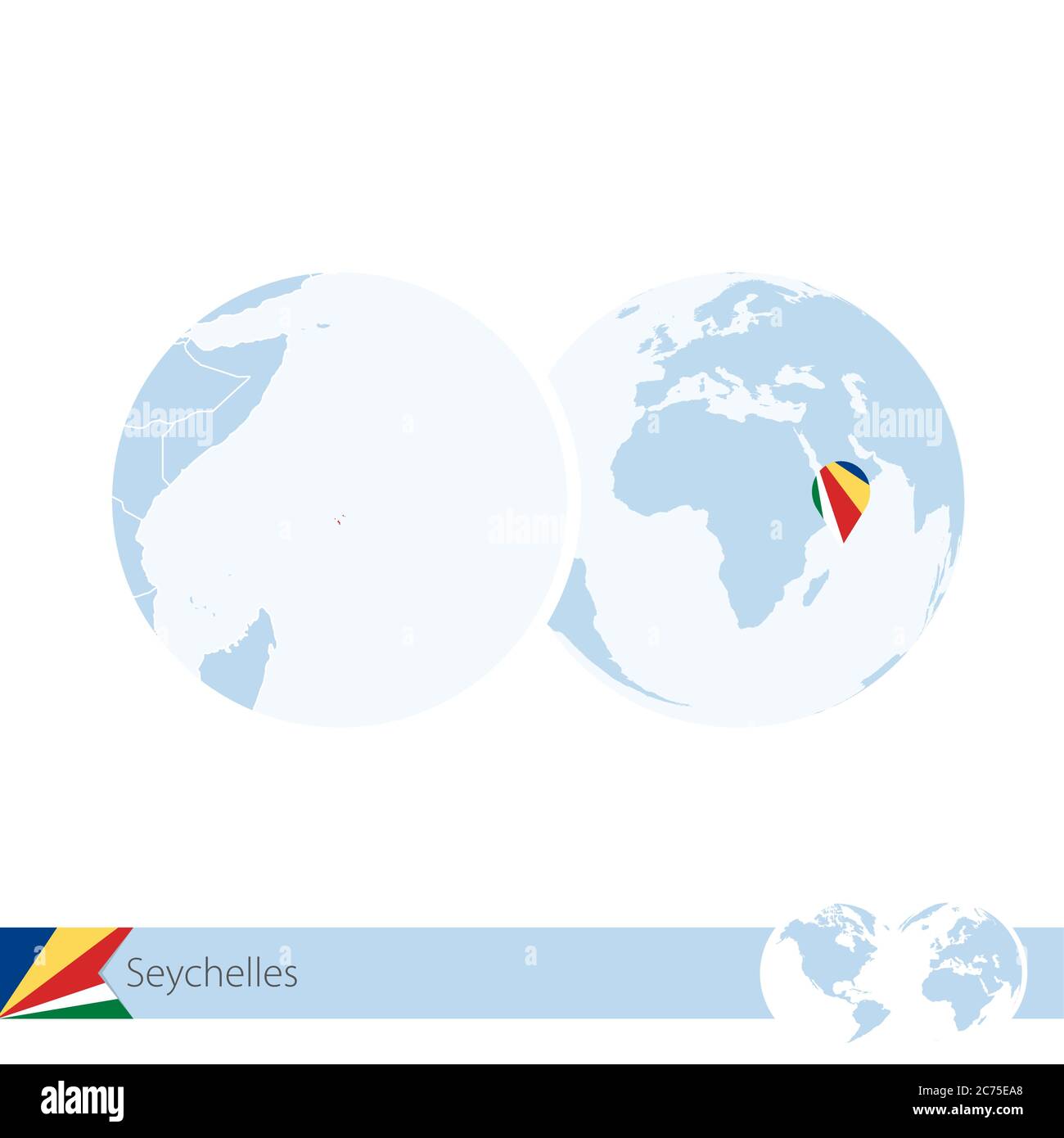 Seychelles on world globe with flag and regional map of Seychelles. Vector Illustration Stock