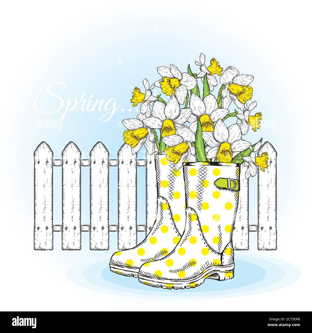 Bouquet of tulips in a beautiful polka dot rubber boots. Vector ...