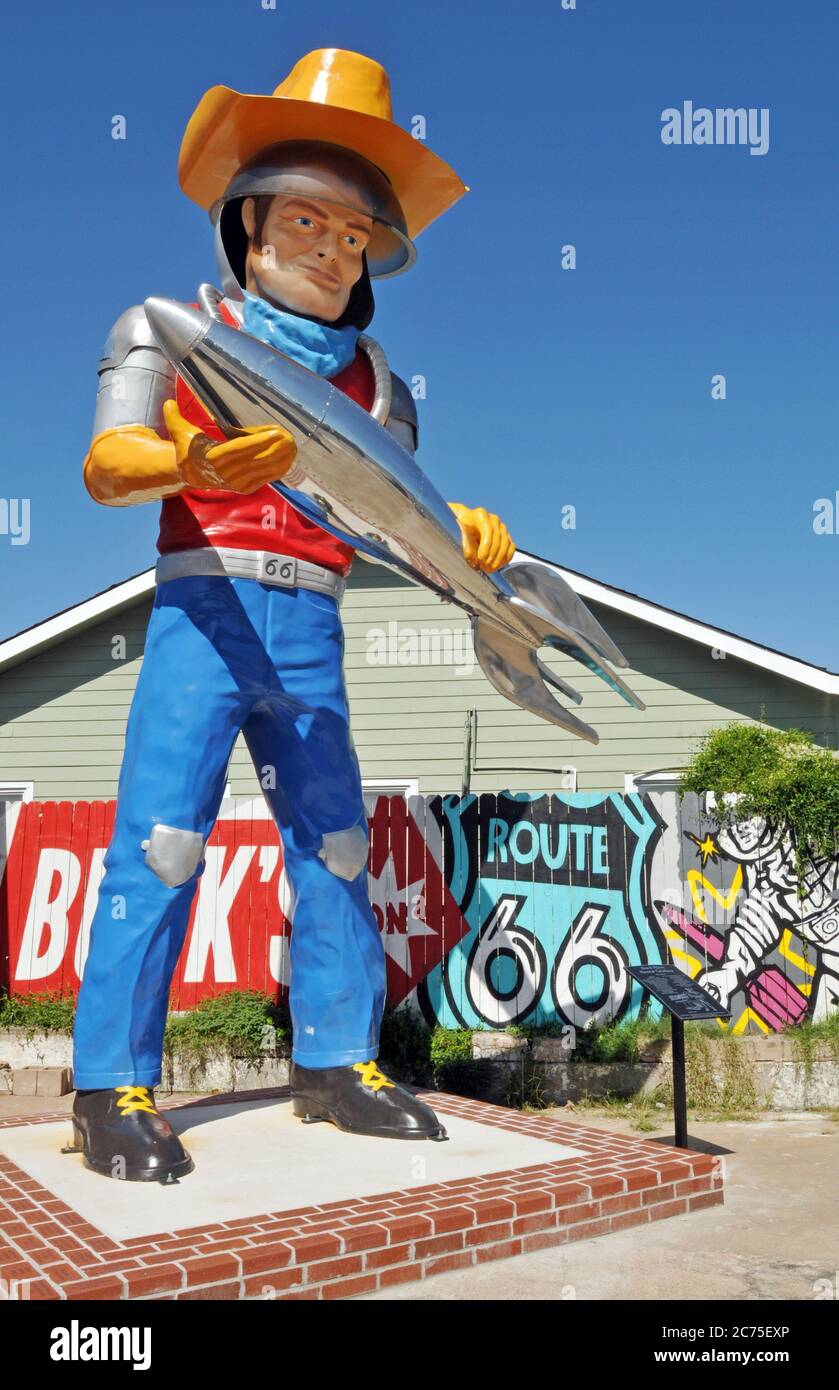 This modern Muffler Man statue stands outside Buck Atom's Cosmic Curios, a gift shop on Route 66 in Tulsa, Oklahoma. Stock Photo