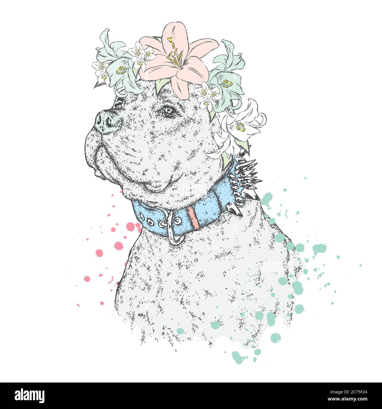 Cute puppy wearing a wreath of flowers. Vector illustration for greeting card, poster, or print on clothes. Fashion & Style. Vintage. Beautiful dog. Stock Vector