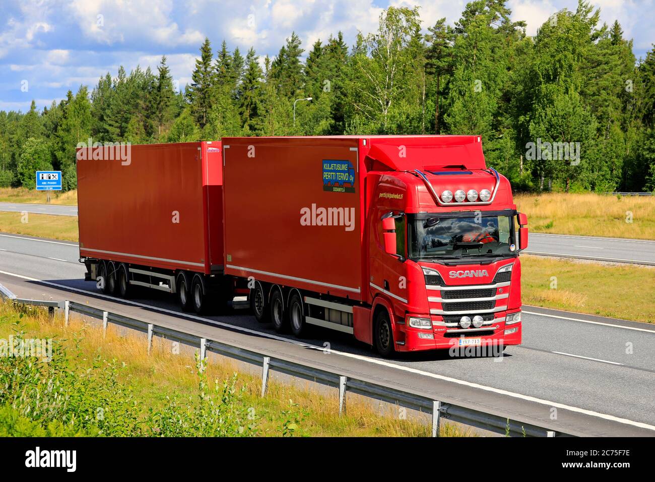 Red Scania R650 freight transport truck Kuljetusliike Pertti Tervo Oy from Sodankylä, north of  Arctic circle on road in Salo, Finland. July 10, 20. Stock Photo