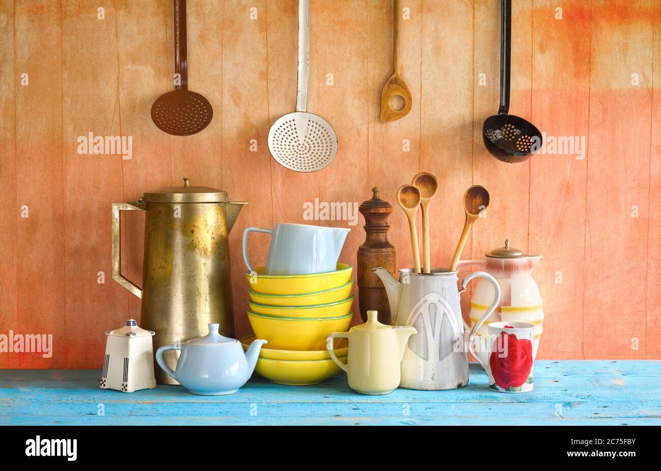 collection of vintage dishes and kitchen utensils Stock Photo - Alamy