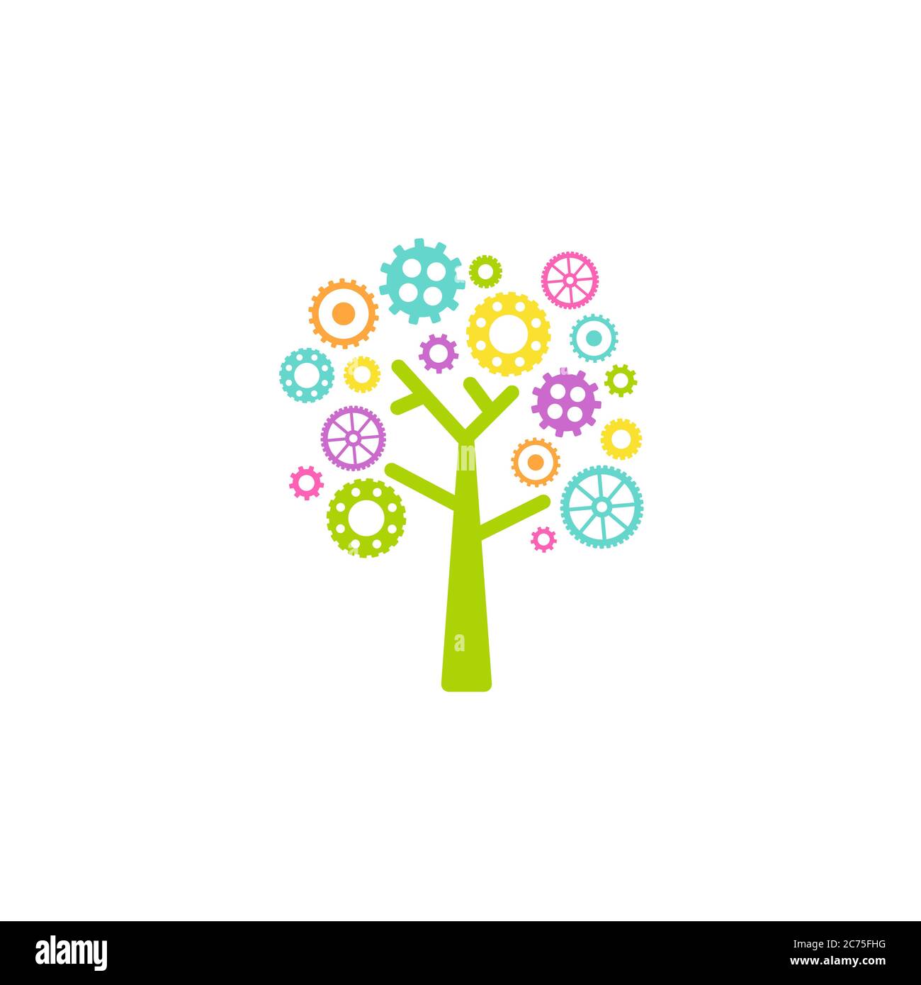 Tree with colorful gears. Skills set and support icon isolated on white. Creative solutions, team work, know-how concept. Vector flat illustration Stock Vector