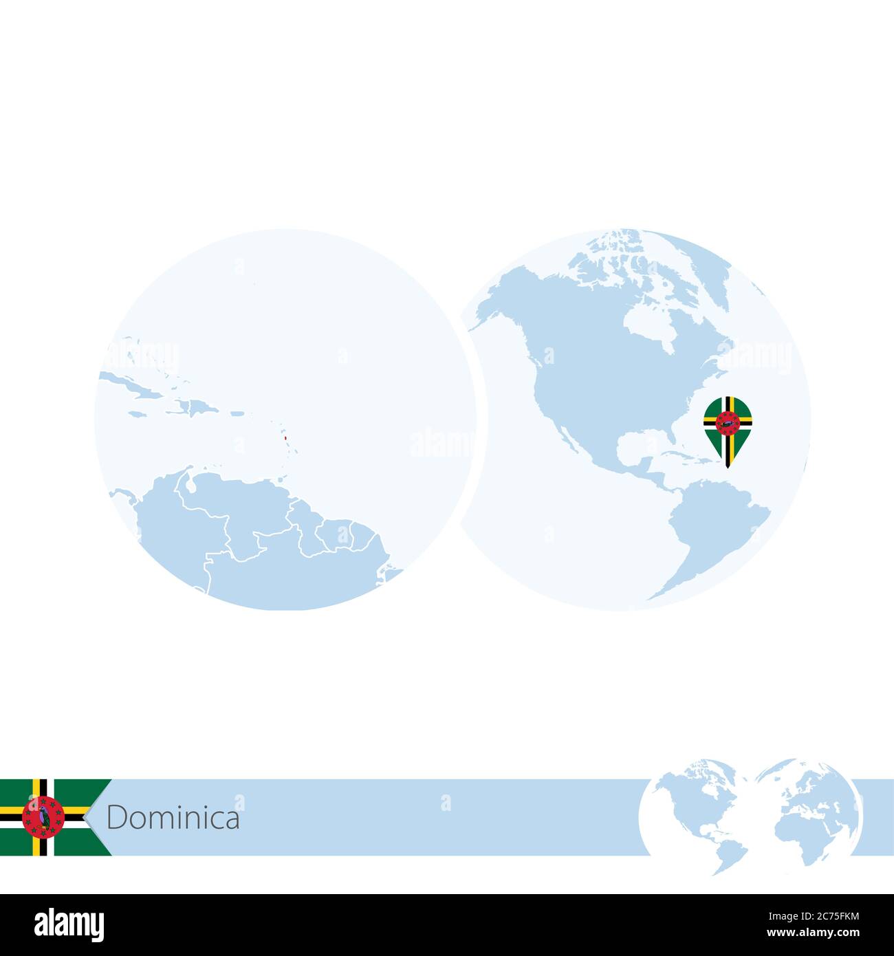 Dominica on world globe with flag and regional map of Dominica. Vector Illustration. Stock Vector