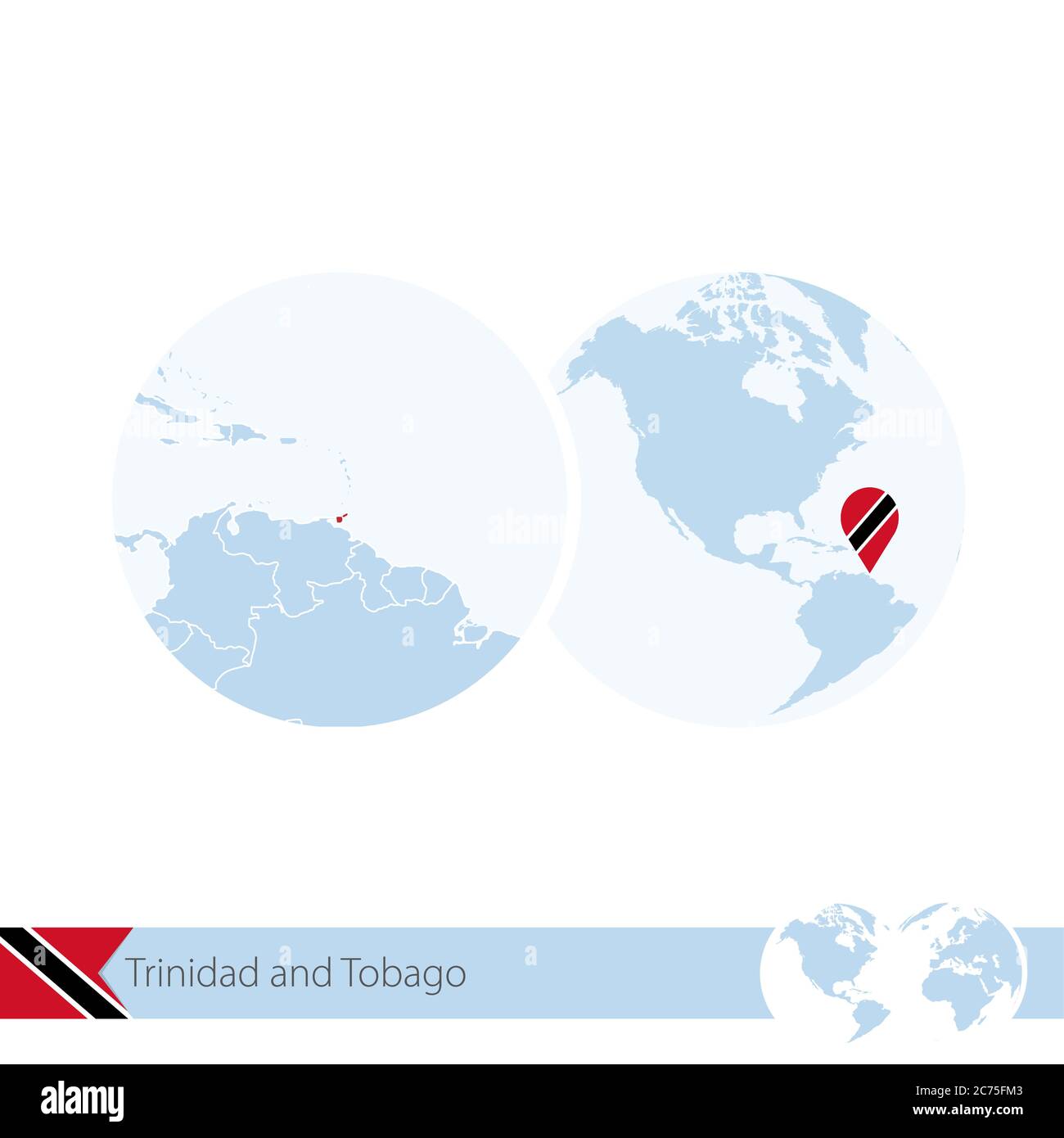 Trinidad and Tobago on world globe with flag and regional map of Trinidad and Tobago. Vector Illustration. Stock Vector