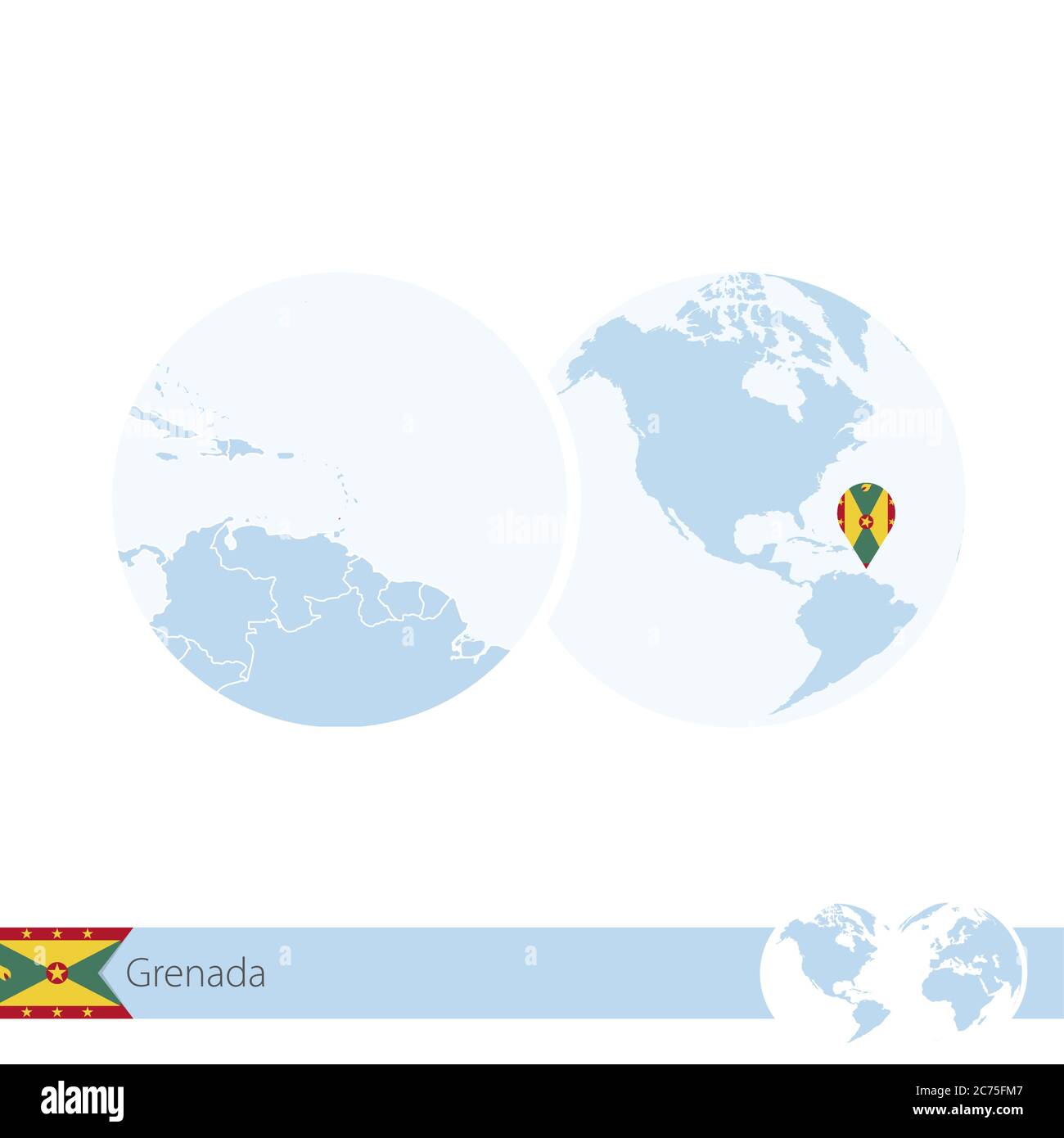 Grenada on world globe with flag and regional map of Grenada. Vector Illustration. Stock Vector